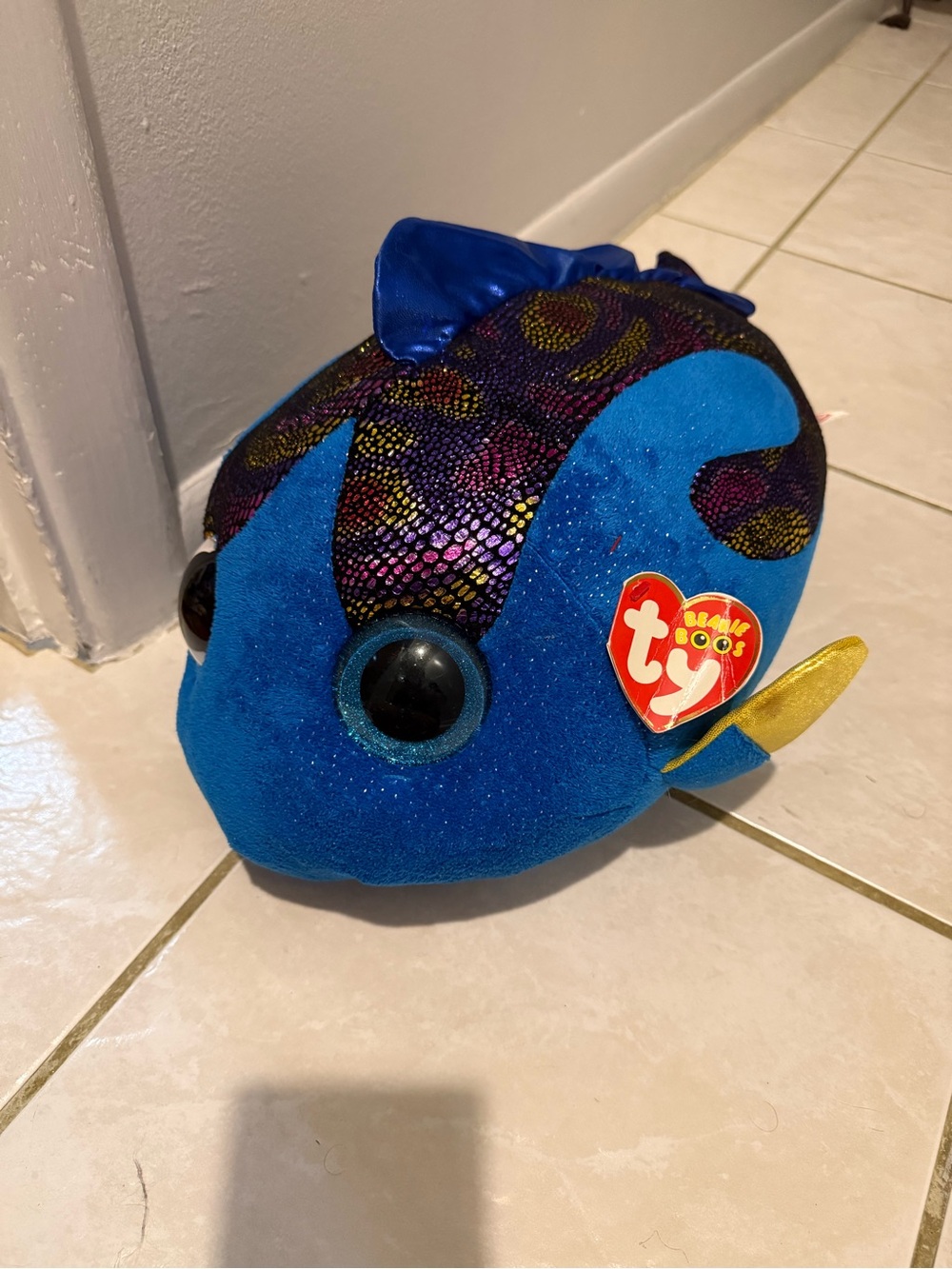 Ty Blue Plush Fish with Iridescent Scale Pattern and Gold Fin